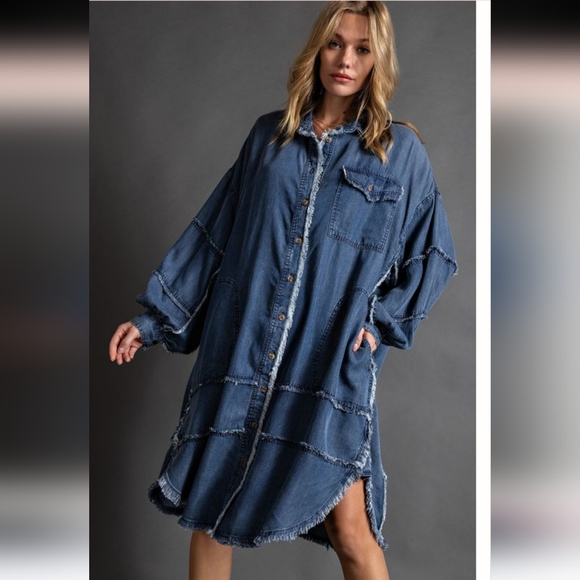 easel Dresses New Easel Chambray Denim Long Sleeve Shirt Dress